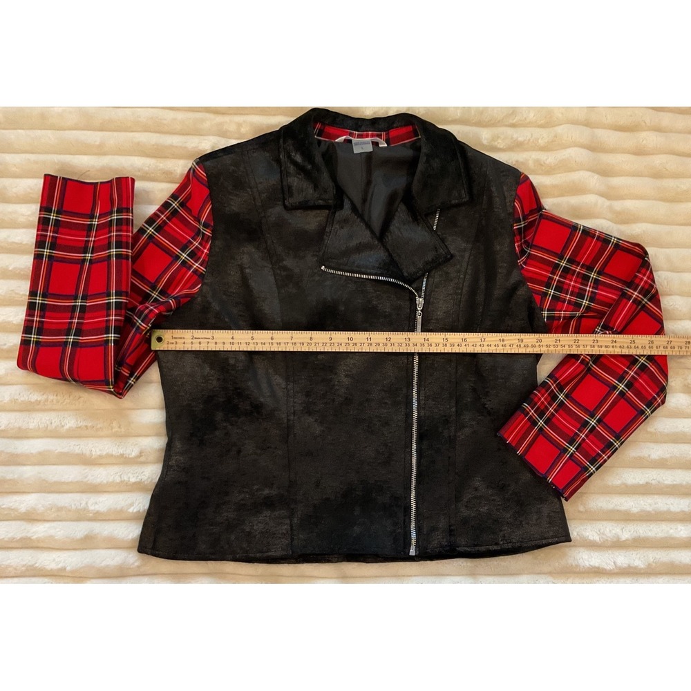 Nygard Womens Black Faux Suede Moto Jacket Red Plaid Sleeves Size L Mixed Media - Picture 9 of 9